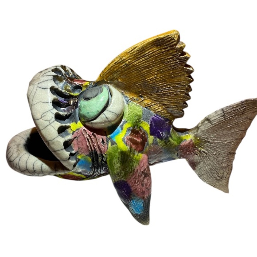 Rare’ Vintage 1997’ Ross De La Garza Studio Raku Pottery Whimsical Fish